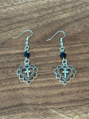 Hot Topic Silver Heart Cross Earrings with Black Bead Accents